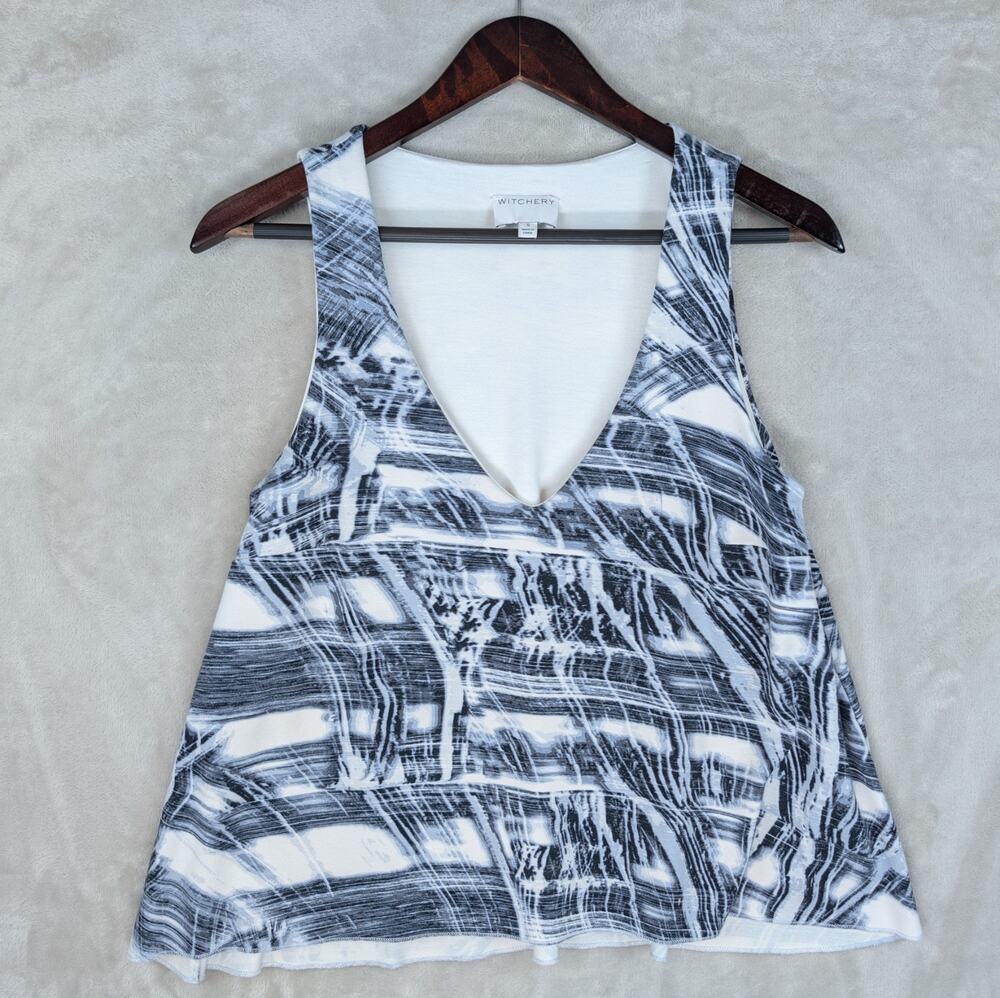 Witchery Abstract V Neck Sleeveless Top Small Monochrome Corporate Grunge 90s
